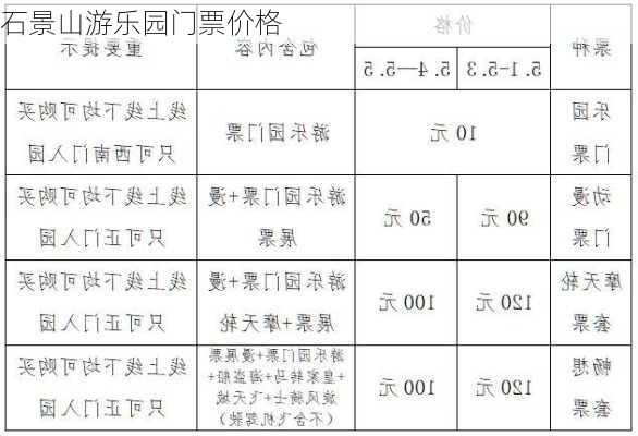 石景山游乐园门票价格